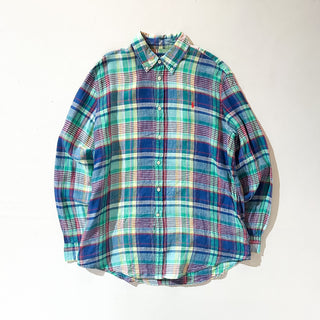 00's RALPH LAUREN インドマドラス チェック リネン ボタンダウン L/Sシャツ