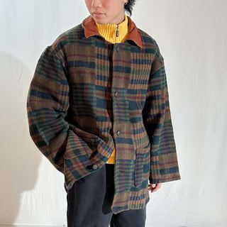 80's Neiman Marcus 襟レザー メルトンウール コート