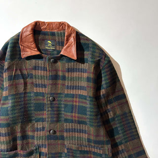 80's Neiman Marcus 襟レザー メルトンウール コート