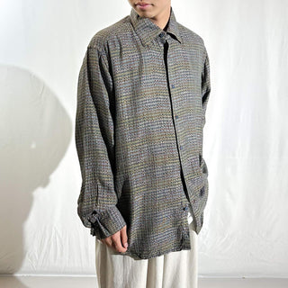 90's～ Jhane Barnes シルク×レーヨン 隠しスナップボタン 総柄 L/Sシャツ