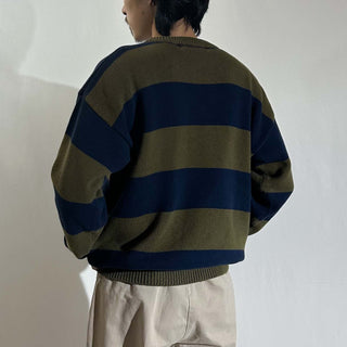 90's～ JOHN ASHFORD カーキ×ネイビー ボーダー ニット セーター
