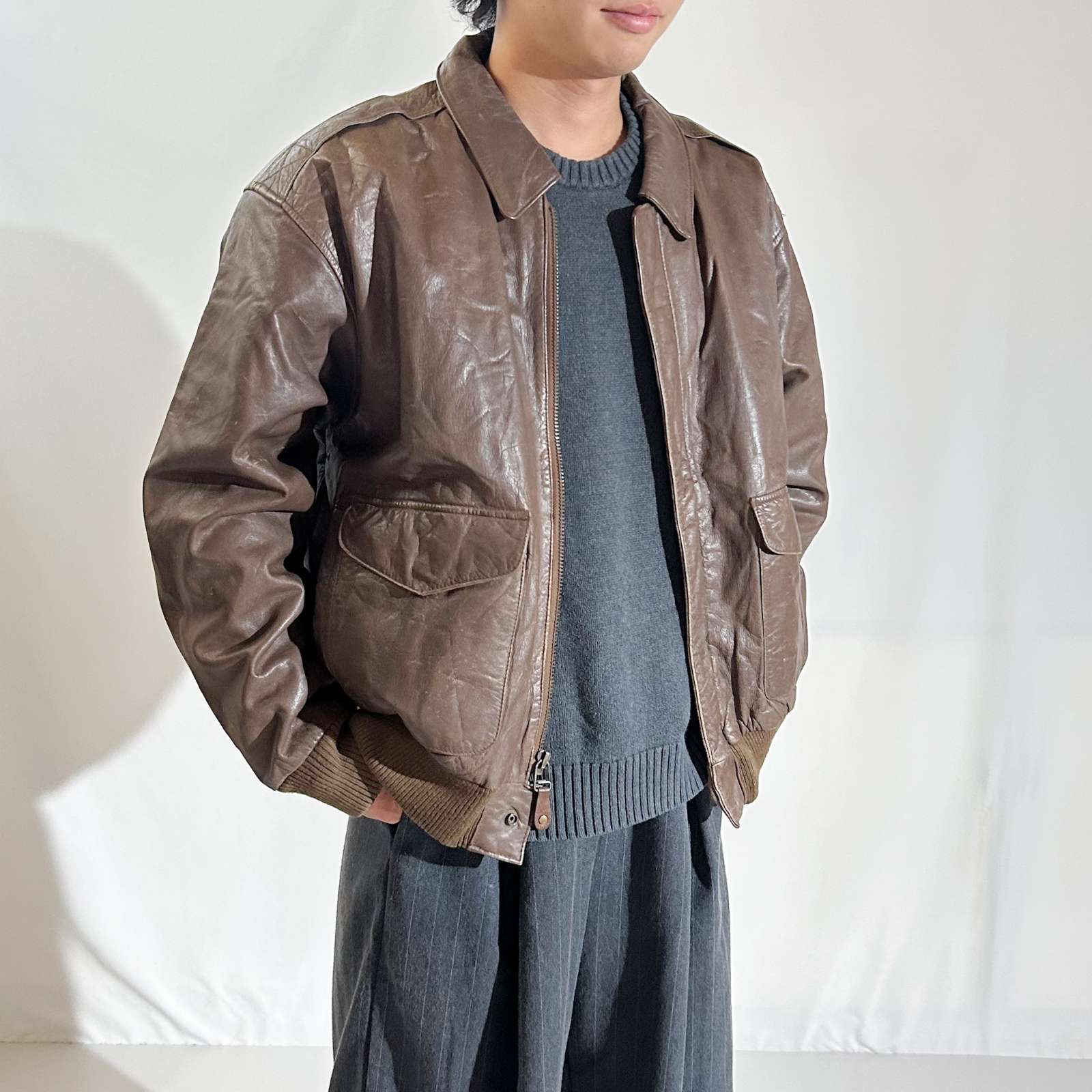 古着–90's～00's LEATHER LIMITED 地図柄 レザー A2タイプ ブルゾン