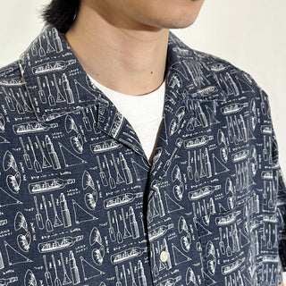 00's GAP "Nautical pattern" コットン×リネン オープンカラー 総柄 S/Sシャツ