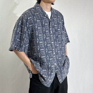 00's GAP "Nautical pattern" コットン×リネン オープンカラー 総柄 S/Sシャツ