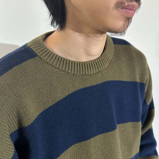 90's～ JOHN ASHFORD カーキ×ネイビー ボーダー ニット セーター