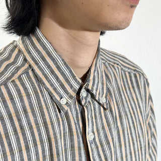 90's～ インドコットン×リネン ストライプ ボタンダウン S/Sシャツ