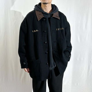 90's ROOTS OUTDOORS ブラック レザー切替 ウール メルトン ジャケット