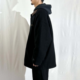 90's ROOTS OUTDOORS ブラック レザー切替 ウール メルトン ジャケット