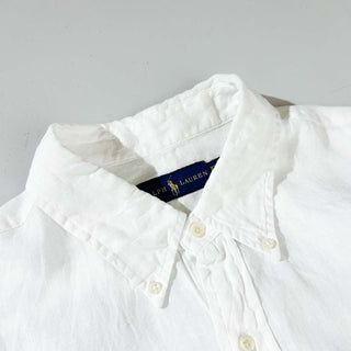 Ralph Lauren ボタンダウン リネン 無地 S/S シャツ(ホワイト)