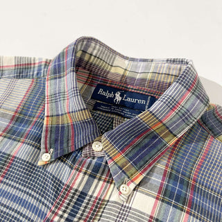 OLD Ralph Lauren "HAND WOVEN" ボタンダウン チェック S/S シャツ(ブルー×レッド)