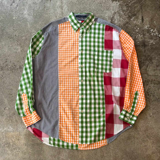 90's TOMMY HILFIGER パッチワーク チェック ボタンダウン L/Sシャツ
