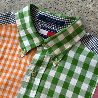 90's TOMMY HILFIGER パッチワーク チェック ボタンダウン L/Sシャツ