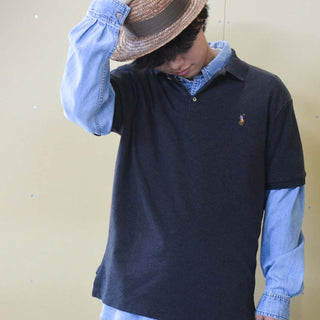00's Ralph Lauren S/Sニットポロシャツ(チャコールグレー)