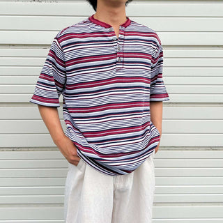 90's ヘンリーネック サーマル ボーダー Tシャツ