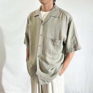 00's BACHRACH リネン×レーヨン オリーブ 無地 オープンカラー S/Sシャツ