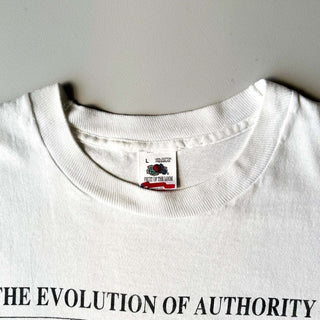 90's "made in USA" Fruit of the Loom "THE EVOLUTION OF AUTHORITY" プリント Tシャツ
