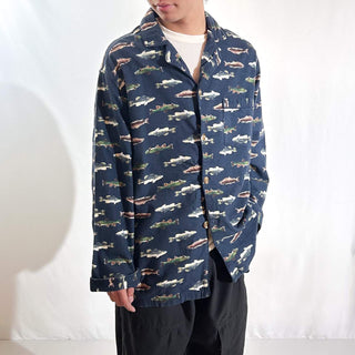 00's St. John's Bay 魚 総柄 フランネル L/Sパジャマシャツ