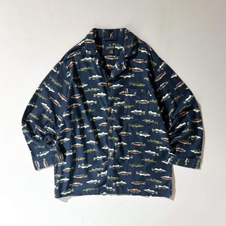 00's St. John's Bay 魚 総柄 フランネル L/Sパジャマシャツ