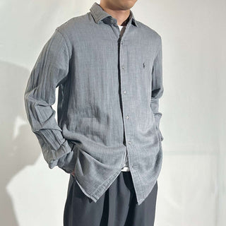 00's RALPH LAUREN グレー ヘリンボーン ワイドカラー L/Sシャツ