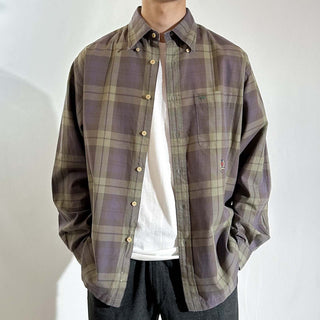 90's～00's TOMMY HILFIGER カーキ×ラベンダーグレー チェック L/Sシャツ