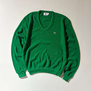 80's IZOD LACOSTE アクリル Vネック ニット セーター(グリーン)