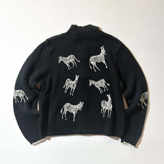 90's～00's stonebridge リネン×コットン 袖プリント シマウマ アニマル ドライバーズタイプ ニット セーター