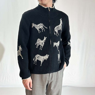 90's～00's stonebridge リネン×コットン 袖プリント シマウマ アニマル ドライバーズタイプ ニット セーター