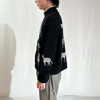 90's～00's stonebridge リネン×コットン 袖プリント シマウマ アニマル ドライバーズタイプ ニット セーター