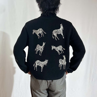 90's～00's stonebridge リネン×コットン 袖プリント シマウマ アニマル ドライバーズタイプ ニット セーター