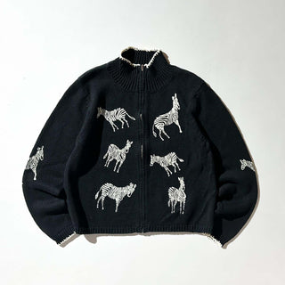 90's～00's stonebridge リネン×コットン 袖プリント シマウマ アニマル ドライバーズタイプ ニット セーター