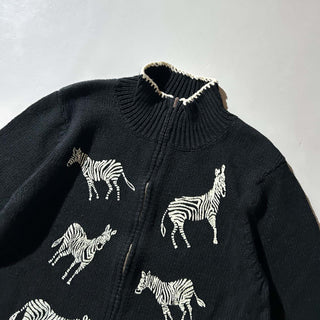 90's～00's stonebridge リネン×コットン 袖プリント シマウマ アニマル ドライバーズタイプ ニット セーター