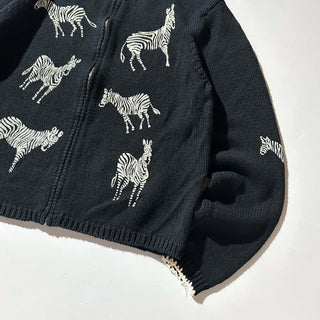90's～00's stonebridge リネン×コットン 袖プリント シマウマ アニマル ドライバーズタイプ ニット セーター