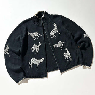 90's～00's stonebridge リネン×コットン 袖プリント シマウマ アニマル ドライバーズタイプ ニット セーター