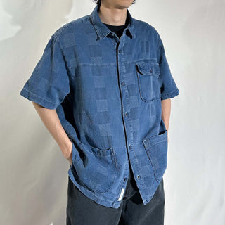 00's FREE ASSEMBLY インディゴブルー パッチワーク S/Sシャツ