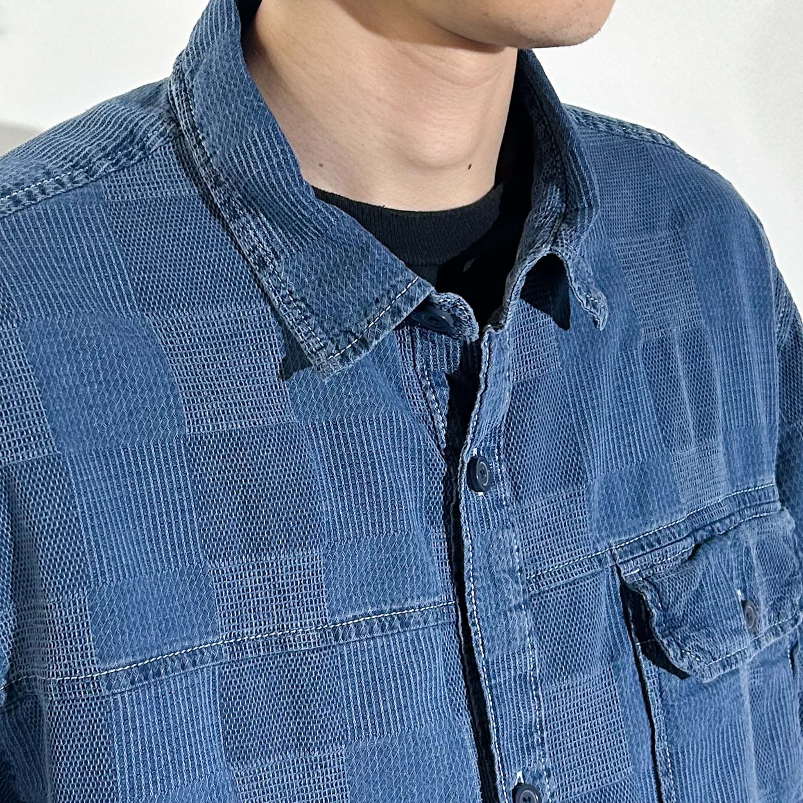 00's FREE ASSEMBLY インディゴブルー パッチワーク S/Sシャツ
