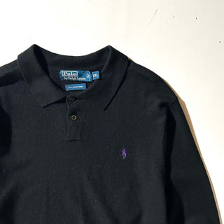 90's～ OLD RALPH LAUREN "merino wool" ブラック ニット L/Sポロシャツ