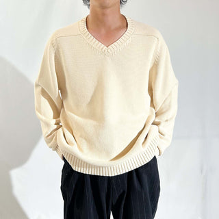 90's LANDS' END 無地 ドリフター Vネック ニット セーター (アイボリー)
