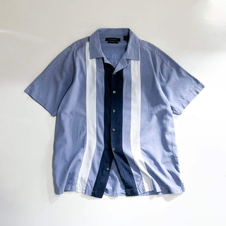 00's AXIST "Washable Silk" シルク 3トーン オープンカラー S/Sシャツ(ダスティブルー×ネイビー)