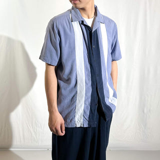 00's AXIST "Washable Silk" シルク 3トーン オープンカラー S/Sシャツ(ダスティブルー×ネイビー)