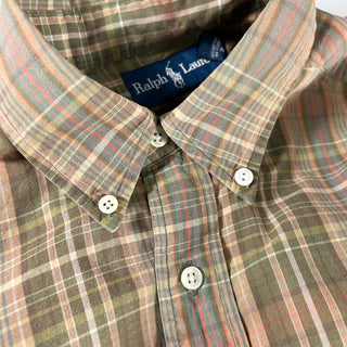 90's～ RALPH LAUREN ブラウン コットンツイル チェック ボタンダウン L/Sシャツ