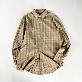 90's～ RALPH LAUREN ブラウン コットンツイル チェック ボタンダウン L/Sシャツ