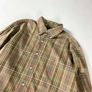 90's～ RALPH LAUREN ブラウン コットンツイル チェック ボタンダウン L/Sシャツ