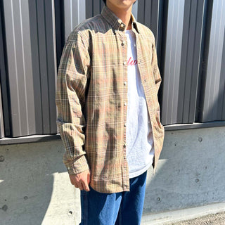 90's～ RALPH LAUREN ブラウン コットンツイル チェック ボタンダウン L/Sシャツ