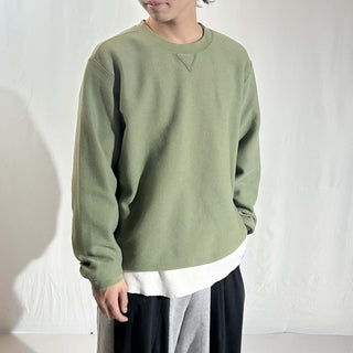 00's Lands' End オリーブ 鹿の子 前V 無地 スウェット シャツ