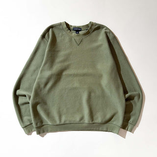 00's Lands' End オリーブ 鹿の子 前V 無地 スウェット シャツ