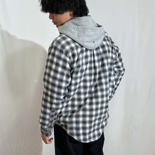 90's NORTHWEST TERRITORY ブラック×ホワイト オンブレ風 チェック スタンドカラー L/Sネルシャツ