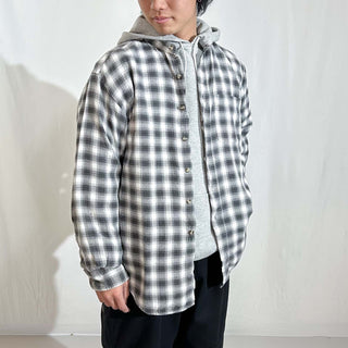 90's NORTHWEST TERRITORY ブラック×ホワイト オンブレ風 チェック スタンドカラー L/Sネルシャツ