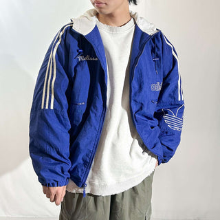 90's adidas 裏キルティング フーデッド ナイロン シェル ジャケット(ブルー)