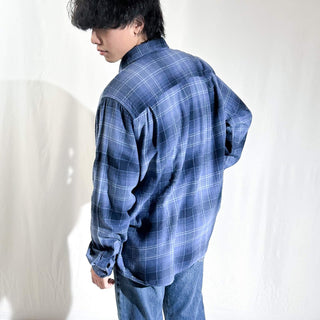 00's George コットン×レーヨン オンブレタイプ チェック 比翼ボタンダウン L/Sネルシャツ(ブルー)