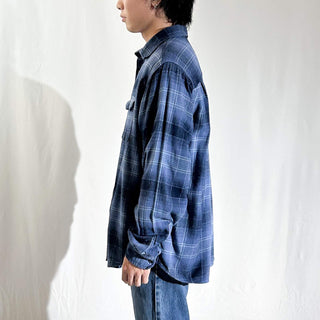 00's George コットン×レーヨン オンブレタイプ チェック 比翼ボタンダウン L/Sネルシャツ(ブルー)